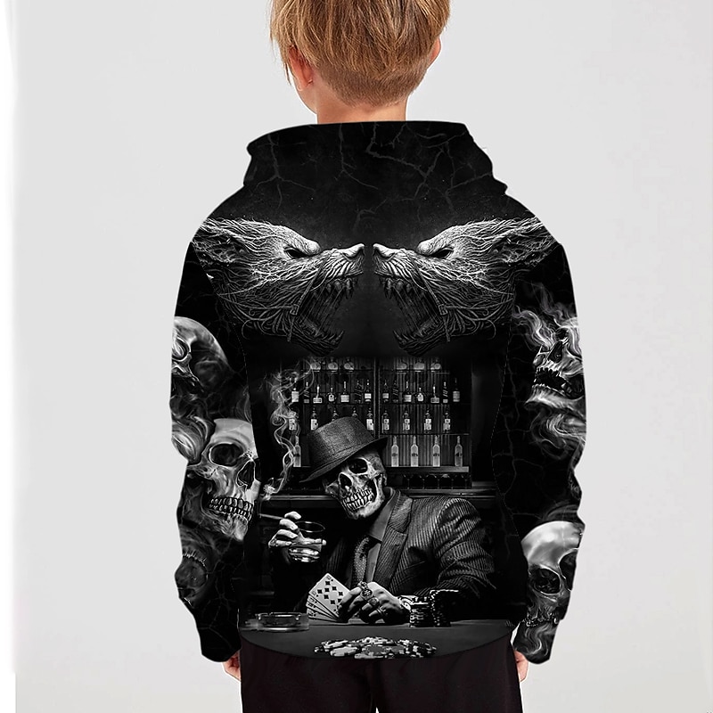 Kinderen Jongens Halloween Trui met capuchon Lange mouw 3D-afdrukken Doodskoppen Zak Zwart Grijs Fuchsia Kinderen Tops Herfst Actief Buiten Halloween Normale pasvorm 4-12 jaar 2025 - $17.49 –P8