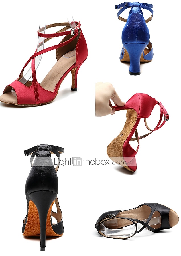 حذاء رقص نسائي بكعب عالٍ مفتوح من الأمام من الساتان باللون الأسود مع نعل من جلد السويد الناعم - حذاء رقص لاتيني بأشرطة مع حزام للكاحل للسالسا والأداء 2026 - $54.99 –P5