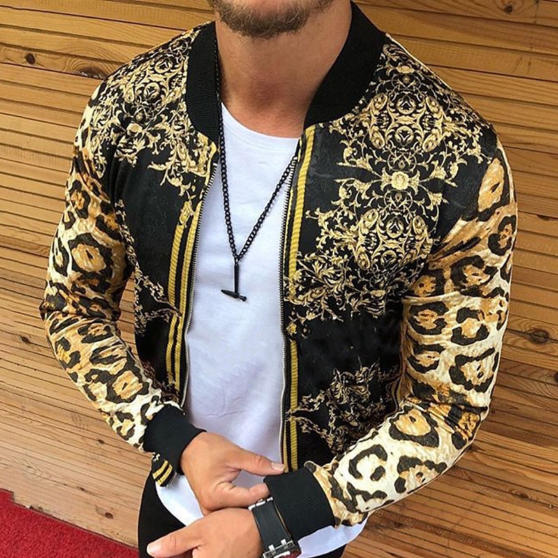 Men's Lightweight Jacket Summer Jacket Outdoor Street Breathable Pocket Print Fall Leopard Floral Streetwear Sporty Turndown Regular Regular Fit Gold Jacket 2025 - $39.99 –P1