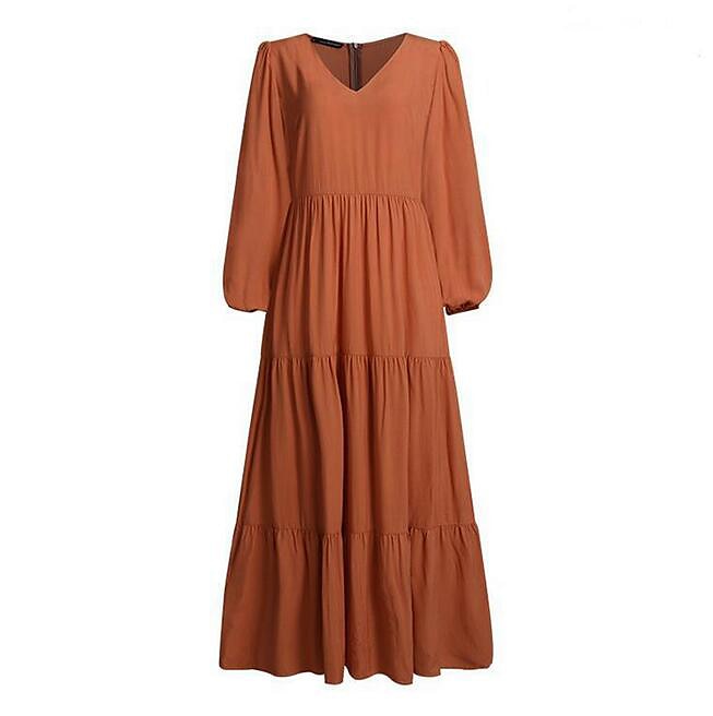 Mulheres Vestido Swing Vestido Longo Vestido Maxi Verde Escuro Marron Preto Manga Longa Cor imaculada Franzido Pregueado Patchwork Outono Primavera Decote V Boho Casual Vestido de outono Manga de 2025 por $33.99 –P2