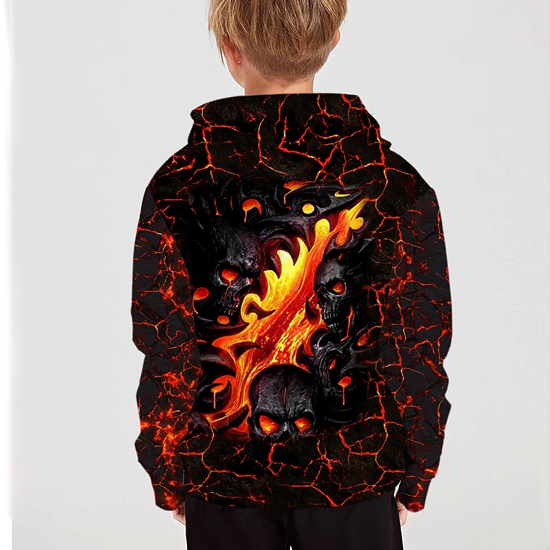 Kinderen Jongens Halloween Trui met capuchon Lange mouw 3D-afdrukken Doodskoppen Zak Zwart Grijs Fuchsia Kinderen Tops Herfst Actief Buiten Halloween Normale pasvorm 4-12 jaar 2025 - $17.49 –P6