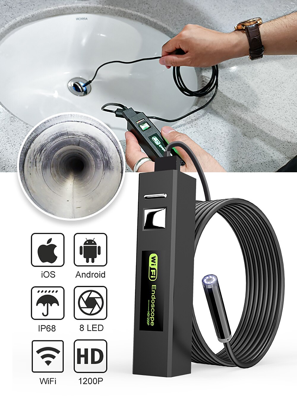 Wireless Endoscope 2MP 1200P Full HD WiFi Borescope with 32.8FT Inspection Camera iOS IP68 Waterproof Snake Camera for Android Window MAC Cable and 8 LEDs 10M 