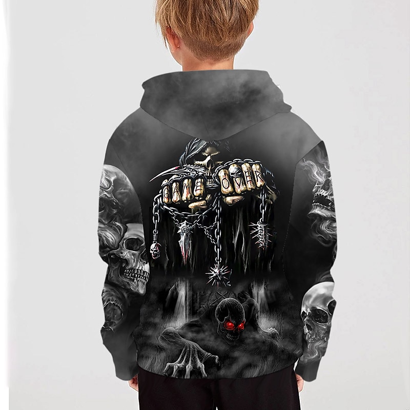 Kinderen Jongens Halloween Trui met capuchon Lange mouw 3D-afdrukken Doodskoppen Zak Zwart Grijs Fuchsia Kinderen Tops Herfst Actief Buiten Halloween Normale pasvorm 4-12 jaar 2025 - $17.49 –P2
