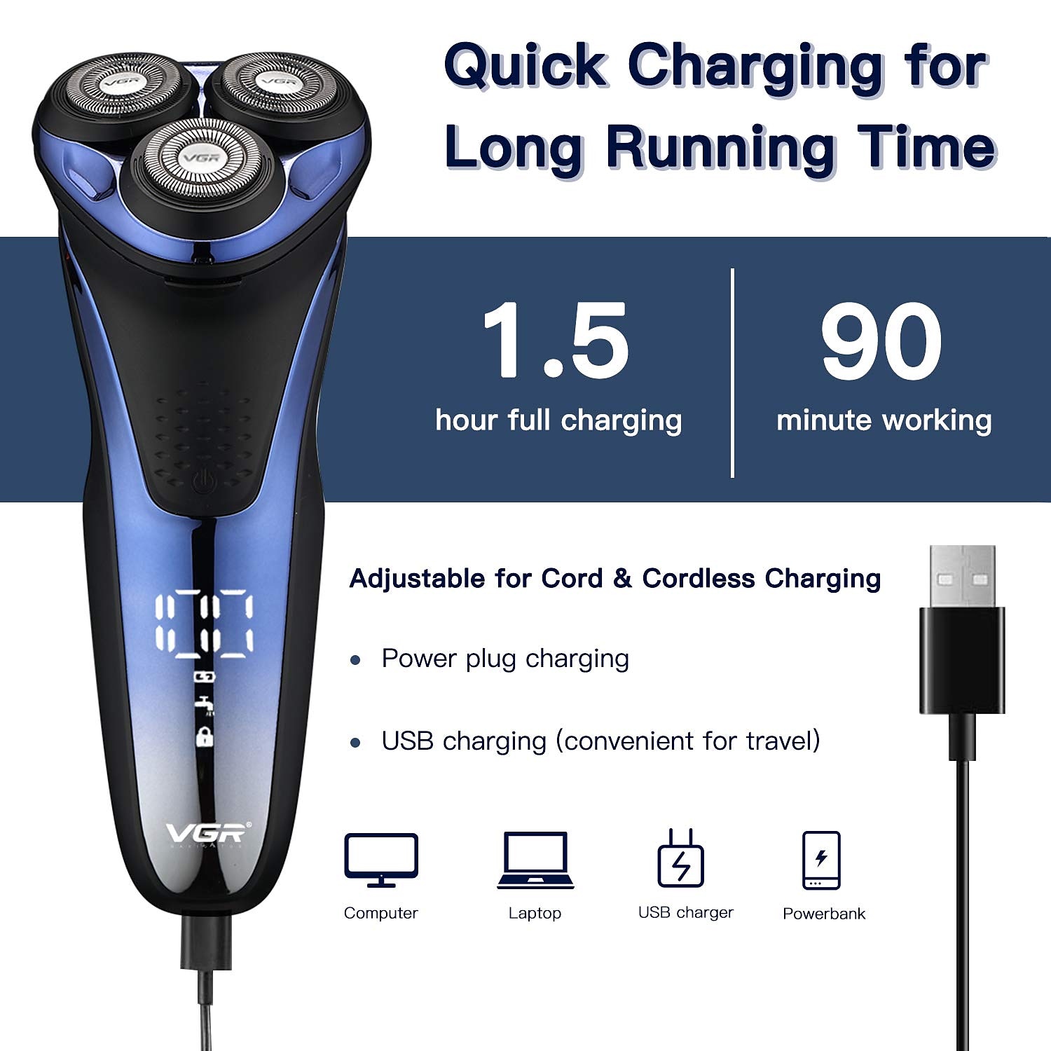 VGR Electric Razor for Men USB Rechargeable 3D Rotary Men's Shaver Pop-up Beard Trimmer Grooming Kit IPX7-Waterproof Corded & Cordless Wet Dry Beard Shavers LED Display 2025 - $47.99 –P8