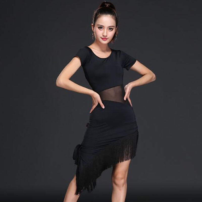 Abito da ballo latino per sala da ballo con nappe con frange, giunzione solida, prestazioni di allenamento da donna, manica corta, nylon alto del 2026 a $39.99 –P3