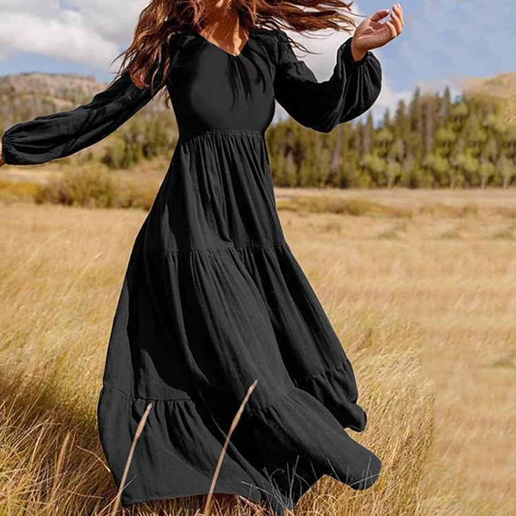 Mulheres Vestido Swing Vestido Longo Vestido Maxi Verde Escuro Marron Preto Manga Longa Cor imaculada Franzido Pregueado Patchwork Outono Primavera Decote V Boho Casual Vestido de outono Manga de 2025 por $33.99 –P9