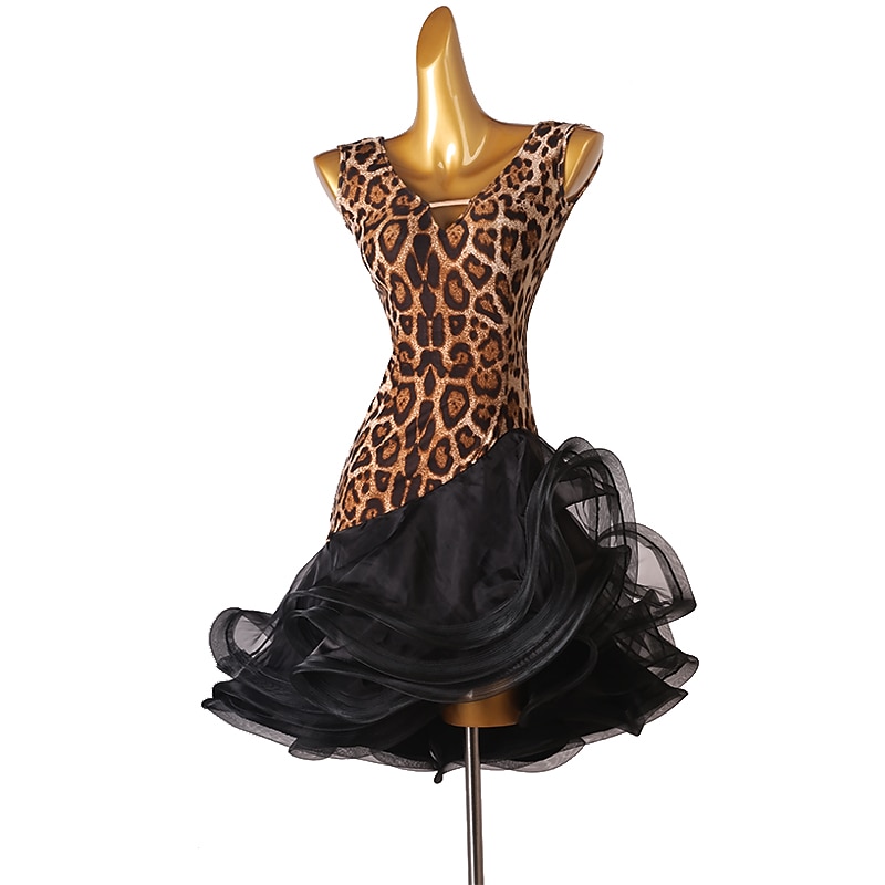 dans salsa latin dansjurk luipaardprint ruches damestraining mouwloos hoog spandex 2025 - $78.99 –P3