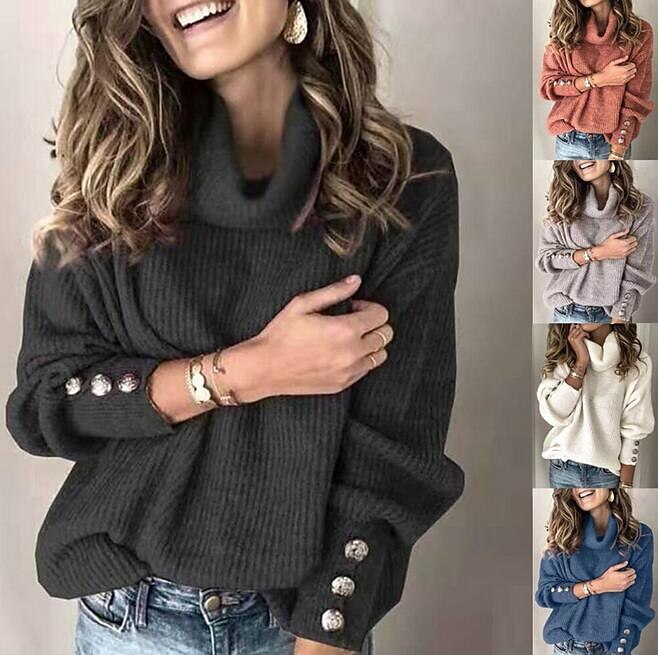 Dam Pullover tröja Stylish Grundläggande Ledigt Ensfärgat Tjock Polokrage Knappar Långärmad Sticka Alla hjärtans dag Dagligen Svart Vit Höst Vinter 2025 - $51.99 -P1
