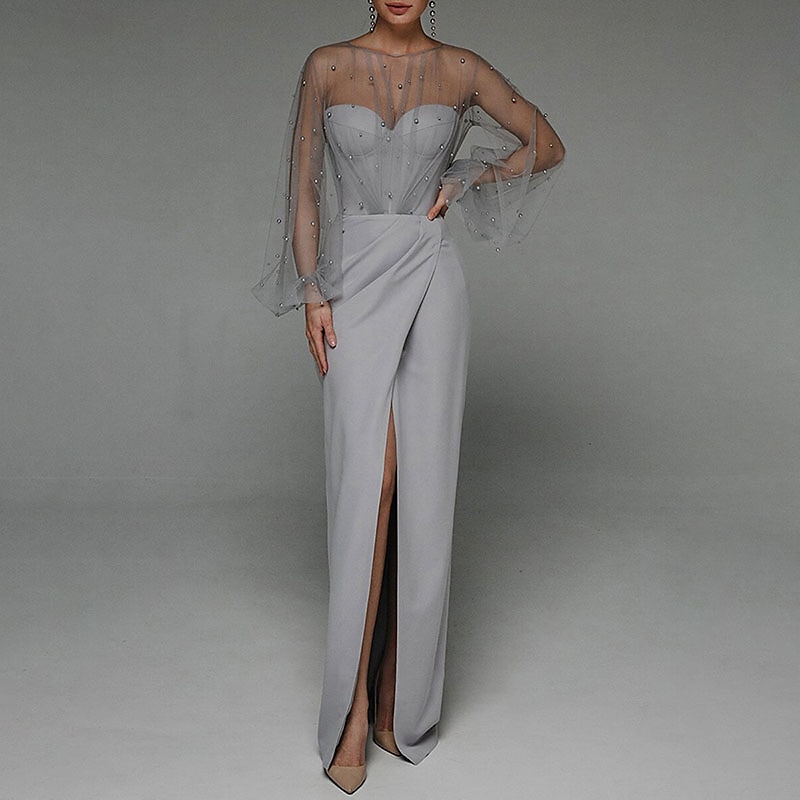 Skjermkleding Kveldsgalla Elegant Kjole Formell Kveld Fødselsdag Gulv Lengde Uten Ermer Smykkekrave Høst Bryllup Gjest Stretch Stoff med Beading Splicing 2025 - $183.99 –P5