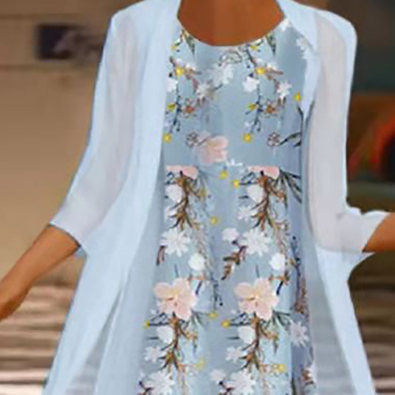 Wearing Midi Dress Set Rochie în Două Piese Rochie Verde Deschis Albastru Deschis Mâneci de 3/4 Floral Imprimeu Vară Primăvară Gât Crew Elegant 2025 - $36.99 –P4