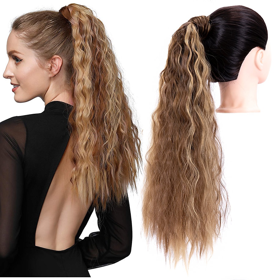 mais bølget lang hestehale syntetisk hårstykke vikle på klipp hårforlengelser ombre brun ponni hale blond falskt hår 2025 - $18.49 –P1