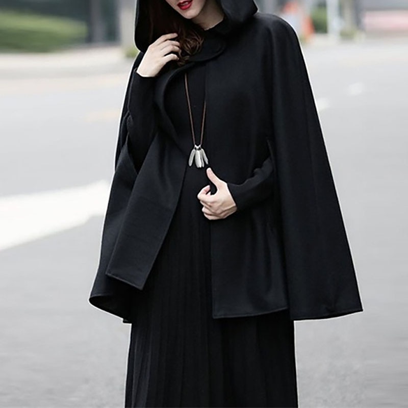 Womens Long Cape Cloak Hooded Wool Blend Long Coat Sleeveless