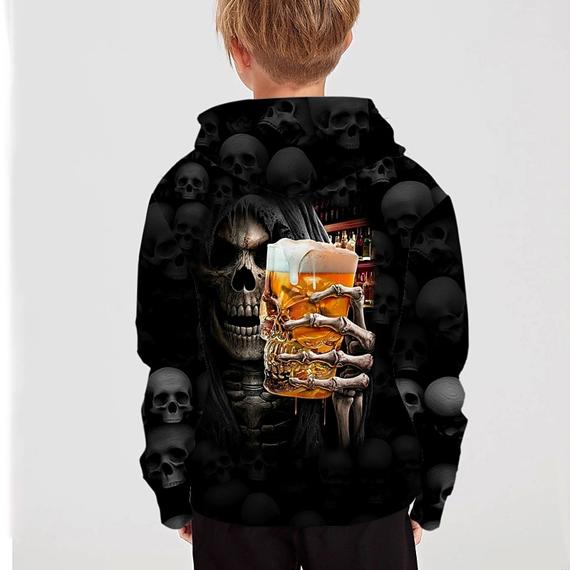 Kinderen Jongens Halloween Trui met capuchon Lange mouw 3D-afdrukken Doodskoppen Zak Zwart Grijs Fuchsia Kinderen Tops Herfst Actief Buiten Halloween Normale pasvorm 4-12 jaar 2025 - $17.49 –P4