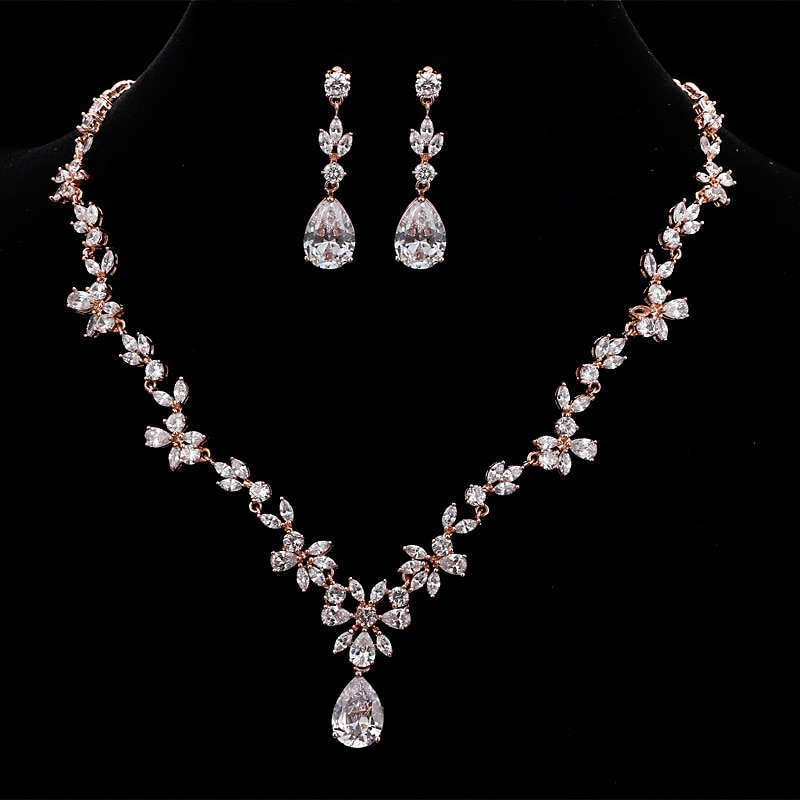 Bruidssieradensets 1 set Kubieke Zirkonia Koper 1 Ketting Oorbellen Dames Luxe Elegant Laten vallen Sieraden set Voor Bruiloft Feest Vuosipäivä 2025 - $57.99 –P2