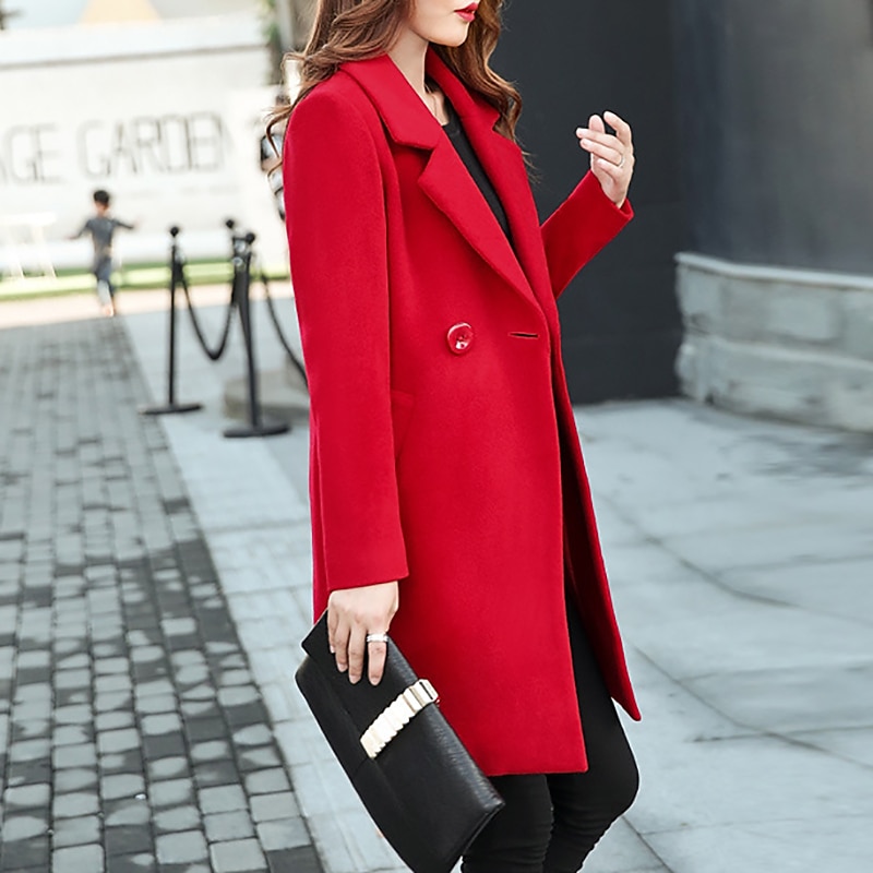 Women's Winter Coat Long Overcoat Christmas Party Wear Double Breasted Lapel Pea Coat Fall Trench Coat Red 2023 - US $21.99 –P2