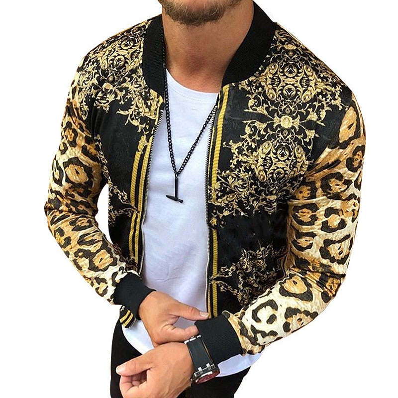 Men's Lightweight Jacket Summer Jacket Outdoor Street Breathable Pocket Print Fall Leopard Floral Streetwear Sporty Turndown Regular Regular Fit Gold Jacket 2025 - $39.99 –P4