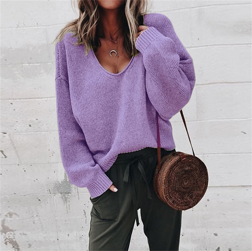 Women's Pullover Sweater Oversized Jumper Knitted Solid Color Stylish Basic Casual Long Sleeve Regular Fit Sweater Cardigans V Neck Fall Winter Black Purple Gray / Holiday 2025 - $27.99 –P4