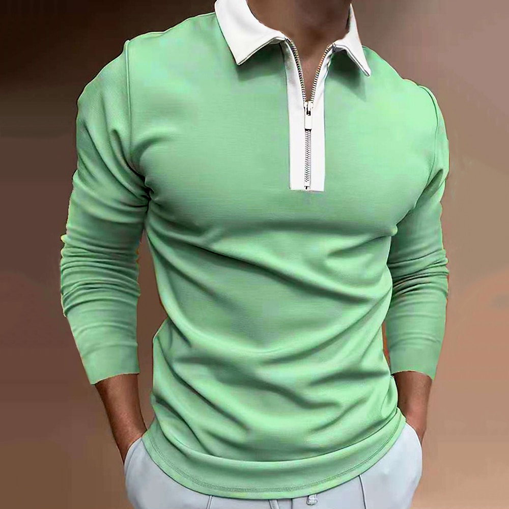Herren Poloshirt Poloshirt mit Viertelreißverschluss Arbeit Casual Klassischer Kragen Viertel Postleitzahl Langarm Modisch Geschäftlich Farbblock Patchwork Zip Winter Herbst Winter Regular Fit Wein 2025 - $18.99 –P1