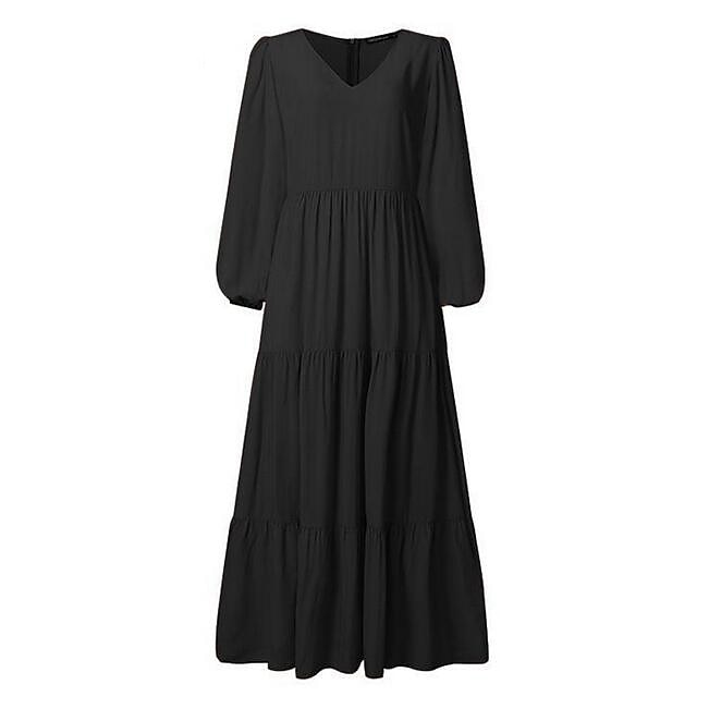 Mulheres Vestido Swing Vestido Longo Vestido Maxi Verde Escuro Marron Preto Manga Longa Cor imaculada Franzido Pregueado Patchwork Outono Primavera Decote V Boho Casual Vestido de outono Manga de 2025 por $33.99 –P1