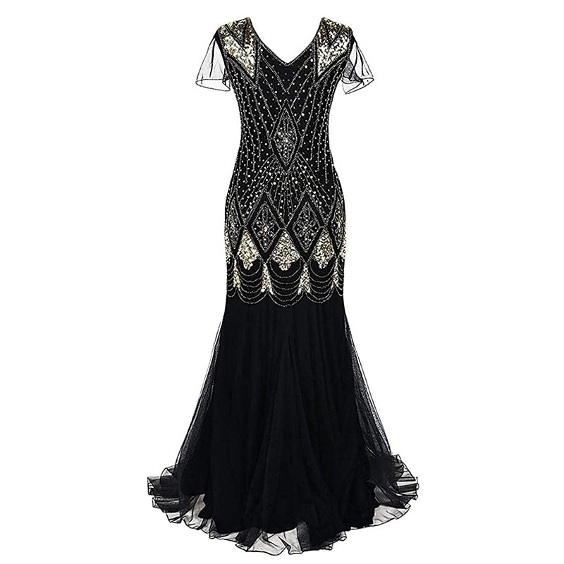Rugido 20s 1920s Maxi Hasta el Tobillo Vestidos Vestido de noche Vestido de fiesta de graduación Normal Mangas cortas El gran Gatsby charlestón Invitado a la boda Lentejuelas Geométrico Corte 2026 - $56.99 –P5
