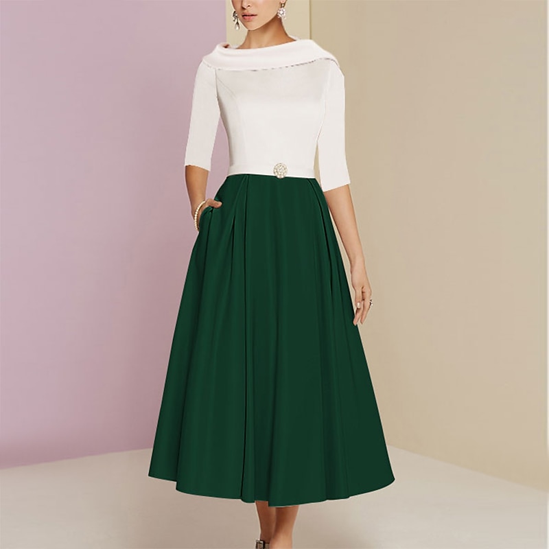Beach Wedding A-Line Mother of the Bride Dress Wedding Guest Elegant Vintage Jewel Neck Tea Length Charmeuse Half Sleeve with Pleats Crystals free custom size 2025 - $116.99 –P4