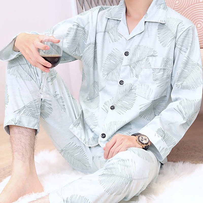 Herre Pyjamas lounge Sett Nattøy Gitter / Teppe Mote Enkel Komfort Hjem Seng Bomull Knaphul Langermet Bukse Vår Høst Blå Mørkegrå 2025 - $20.99 –P2