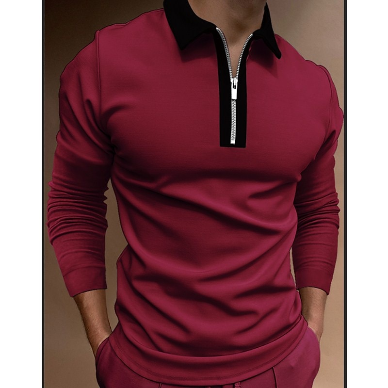 Herren Poloshirt Poloshirt mit Viertelreißverschluss Arbeit Casual Klassischer Kragen Viertel Postleitzahl Langarm Modisch Geschäftlich Farbblock Patchwork Zip Winter Herbst Winter Regular Fit Wein 2025 - $18.99 –P5