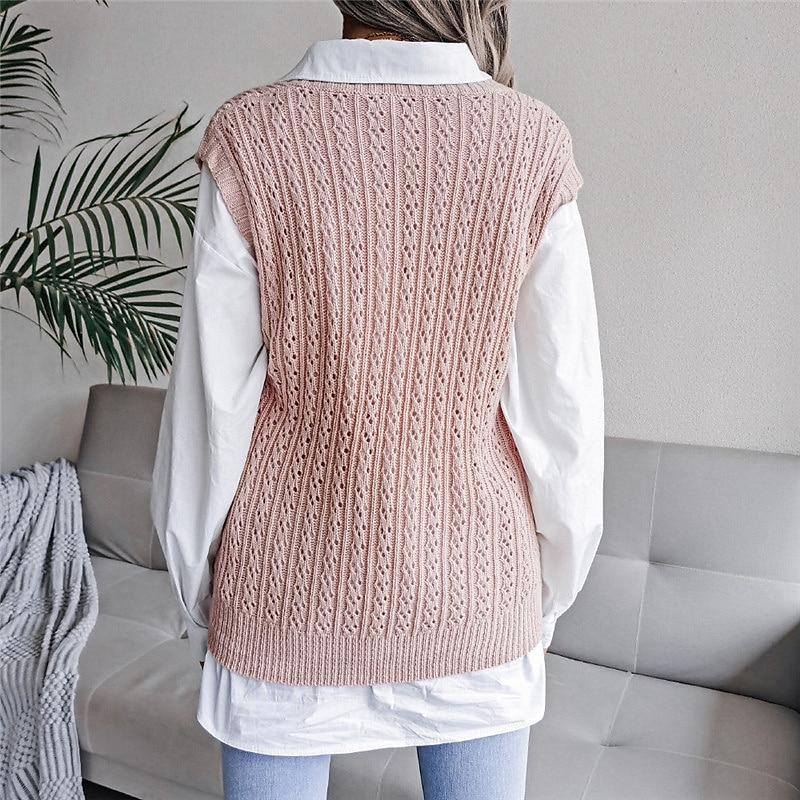 Women's Sweater Vest V Neck Cable Knit Acrylic Knitted Fall Winter Outdoor Daily Holiday Stylish Casual Soft Sleeveless Pure Color Pink Beige S M L 2023 - US $21.99 –P6