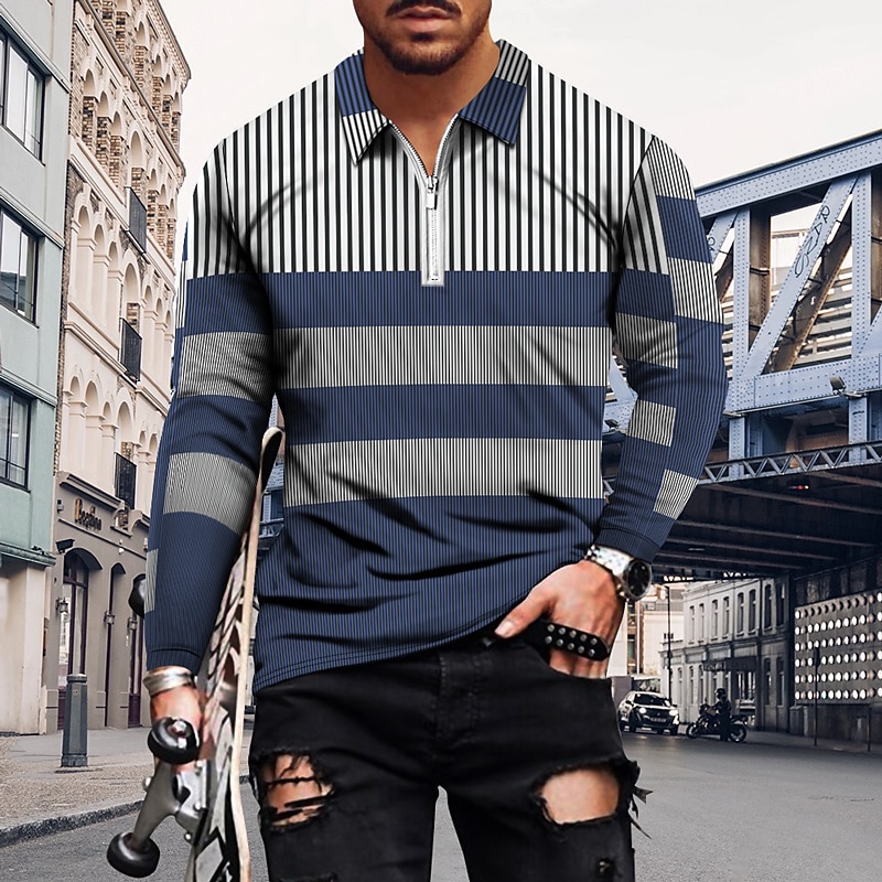 Herren Gestreift Poloshirts mit Reißverschluss Golfshirt Langarm Polo-Shirts Hemden mit Kragen Lässig Urlaubskleidung Formelle Kleidung Festivalkleidung 3D-Druck Viertelreißverschluss-Poloshirt Wei 2025 - $23.99 –P2