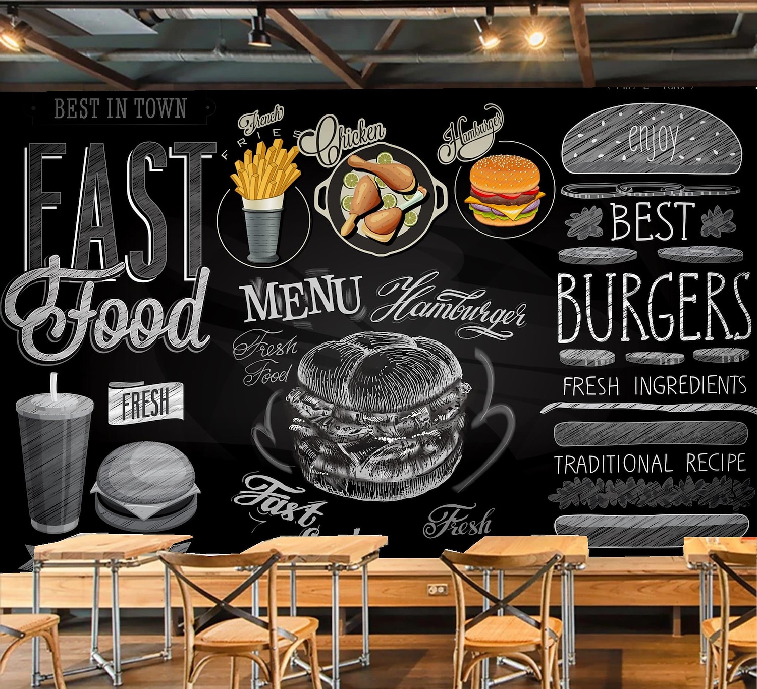 fototapeta samolepka na zeď vlastní samolepící jídelní ilustrace burger smažené kuře pvc / vinyl vhodný do obývacího pokoje ložnice restaurace hotel dekorace na zeď umění domácí dekorace 2025 - $43.99 –P5