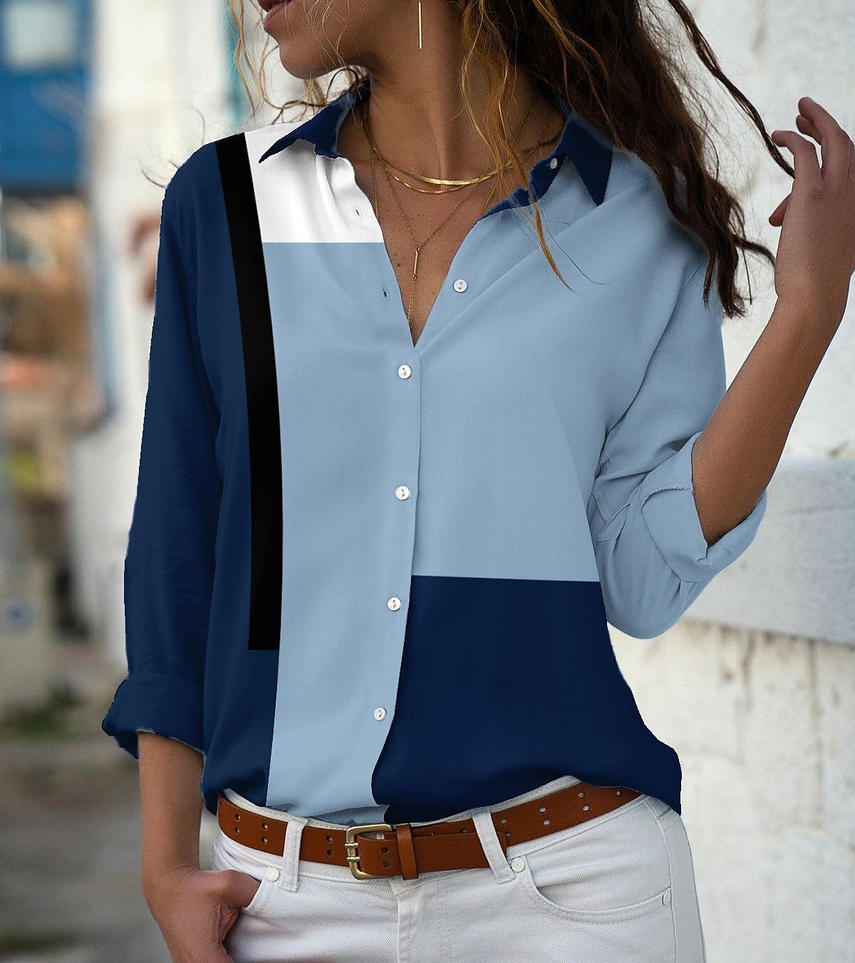 Women's Blouse Shirt Color Block Long Sleeve Shirt Collar Tops