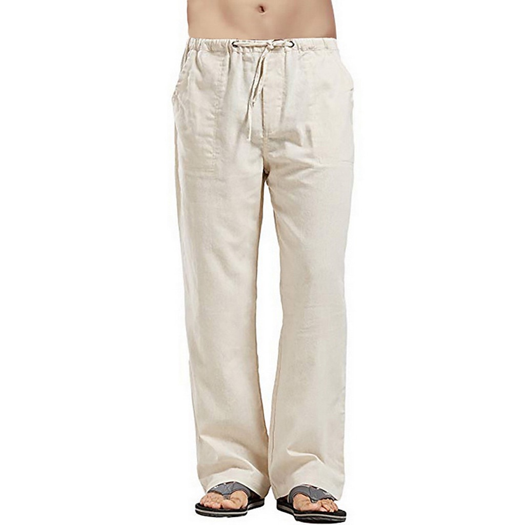 Men's Linen Pants Trousers Summer Pants Beach Pants Pocket Drawstring  Elastic Waistband Plain Comfort Breathable Full