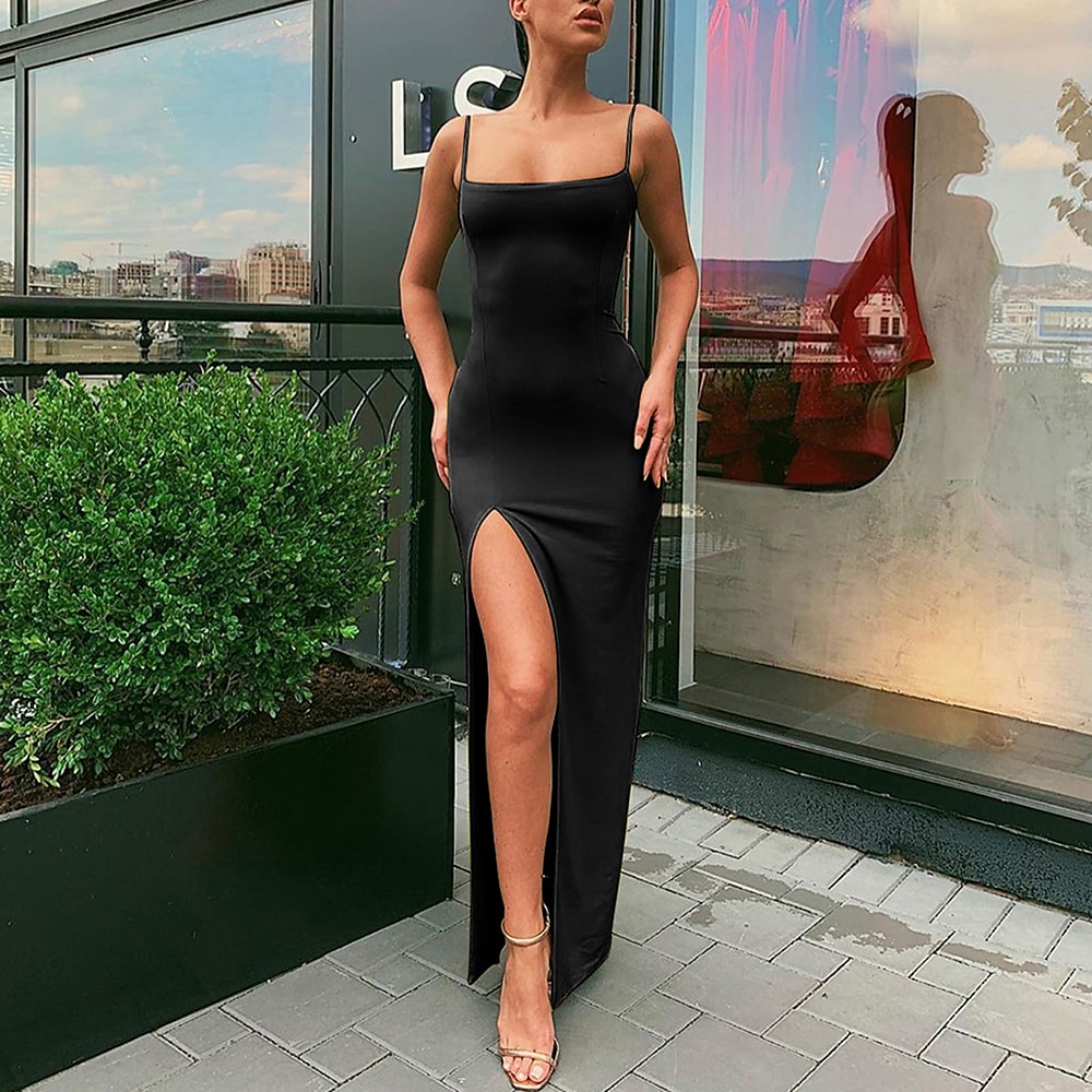 Sukně  sloupec sexy bodycon šaty na večírek s tenkými ramínky bez rukávů po kotníky spandex s rozparkem 2025 - $89.99 –P5