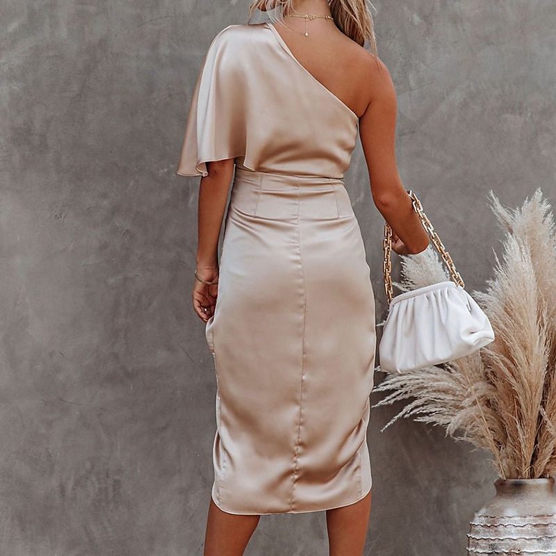 Femme Robe mi-longue robe soirée robe cocktail Robe satinée Robe semi-formelle Mode Soirée mode Formel Vacances Bureau Standard Couleur monochrome Manche Courte Une Epaule Noir Dorée Bleu de minuit de 2025 ? $33.99 –P2