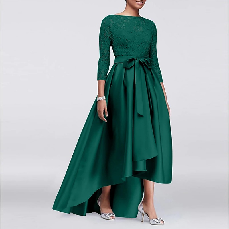 Abito A-Line per Madre della Sposa Ospite di Matrimonio Elegante Taglie Forti Alte Basse Scollo Gioiello Asimmetrico Satin Pizzo Maniche 3/4 con Sash  Nastro Applicazioni 2025 taglia personalizzata del 2025 a $163.99 –P4