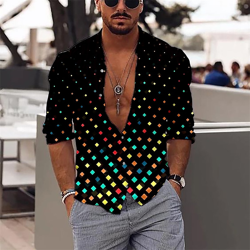 Herren Punkt Geometrische Muster Hemd Knopfhemd Langarm Modisch Designer Brautkleider schlicht Outdoor Urlaub Täglich Herbst Winter Kragen Bedruckt Button-Down Schwarz 2025 - $26.99 –P1