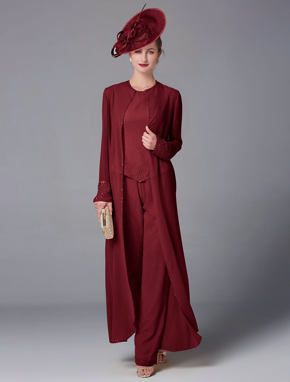 Jumpsuit / Pantsuit 3 Piece Mother of the Bride Dress Formal Wedding Guest  Elegant Plus Size Wrap Included Bateau Neck Floor Length Chiffon Long  Sleeve Wrap Included with Beading 2024 2024 - $159.99