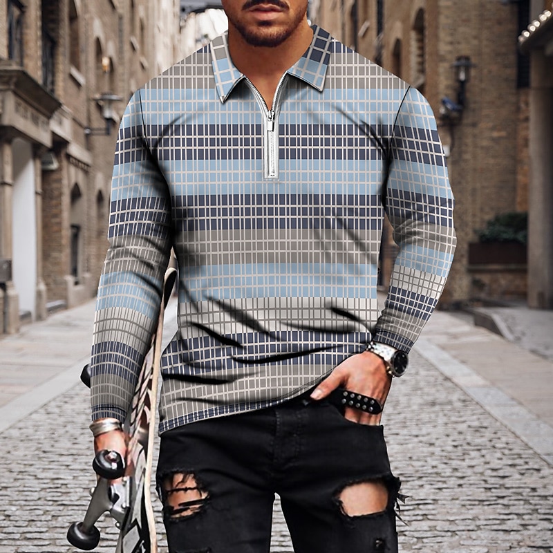 Herren Gestreift Poloshirts mit Reißverschluss Golfshirt Langarm Polo-Shirts Hemden mit Kragen Lässig Urlaubskleidung Formelle Kleidung Festivalkleidung 3D-Druck Viertelreißverschluss-Poloshirt Wei 2025 - $23.99 –P4