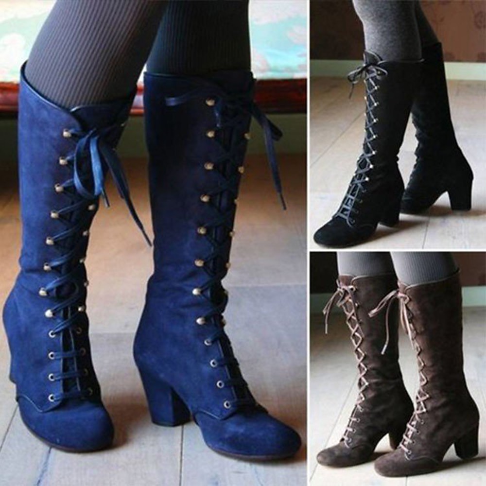 Women's Chunky Heeled Long Boots, Retro Solid Color Lace Up Knee