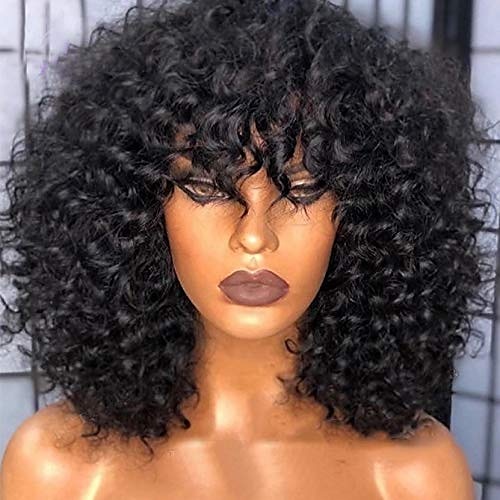 Human Hair Wig Short Curly Neat Bang Black Party Women Easy