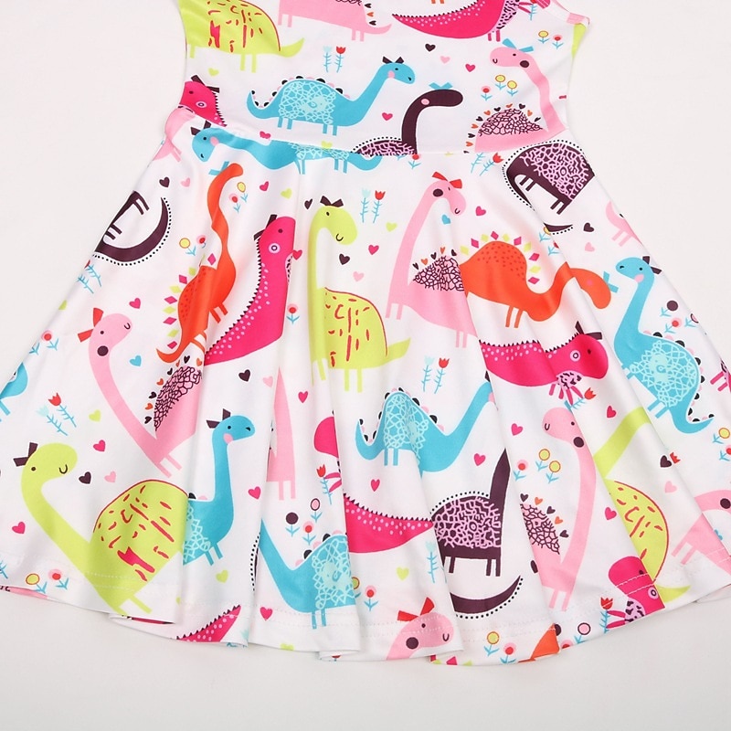 Kinder Mädchen Sommer Gestreift Dinosaurier Kleid Kurzarm Blumen Freizeit Kleid 
