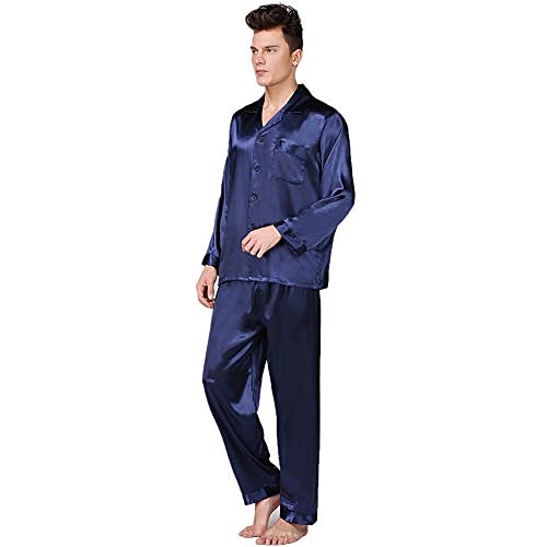 Men's Satin & Silk Sleepwear Pajama Top and Pant Silk Pajama 2 Pieces Pure Color Luxury Home Bed Faux Silk Comfort Long Sleeve Pant Winter Fall Pure blue Blue cord 2025 - $34.99 –P3