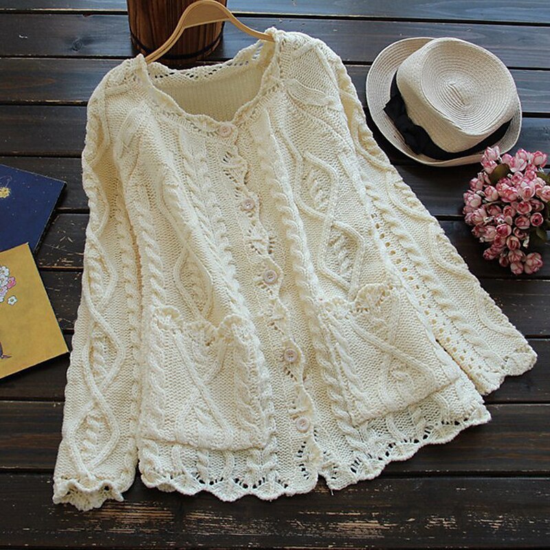 Women's Sweater Cardigan Sweater Open Front Cable Knit Cotton Knitted Front Pocket Fall Winter Long Outdoor Home Daily Stylish Basic Casual Long Sleeve Solid Color Red Beige One-Size 2023 - US $34.99 –P2