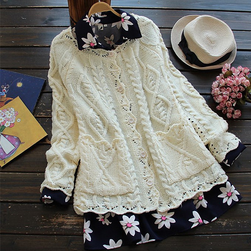 Women's Sweater Cardigan Sweater Open Front Cable Knit Cotton Knitted Front Pocket Fall Winter Long Outdoor Home Daily Stylish Basic Casual Long Sleeve Solid Color Red Beige One-Size 2023 - US $34.99 –P3