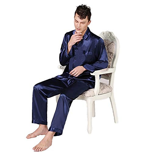 Men's Satin & Silk Sleepwear Pajama Top and Pant Silk Pajama 2 Pieces Pure Color Luxury Home Bed Faux Silk Comfort Long Sleeve Pant Winter Fall Pure blue Blue cord 2025 - $34.99 –P6