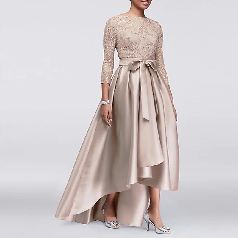 Abito A-Line per Madre della Sposa Ospite di Matrimonio Elegante Taglie Forti Alte Basse Scollo Gioiello Asimmetrico Satin Pizzo Maniche 3/4 con Sash  Nastro Applicazioni 2025 taglia personalizzata del 2025 a $163.99 –P3
