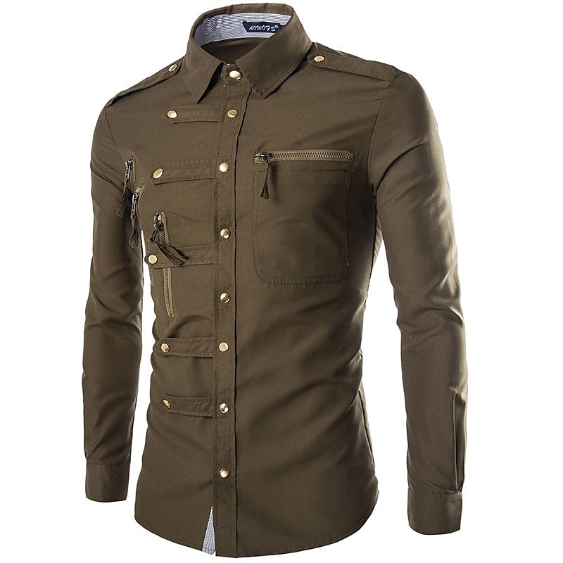 Men's Party Shirt Solid Colored Collar Classic Collar Daily Basic Long Sleeve Slim Tops Military Wine Black Army Green / Fall / Spring /Summer/ Dress Shirts /Wedding 2025 - GBP £25 –P3