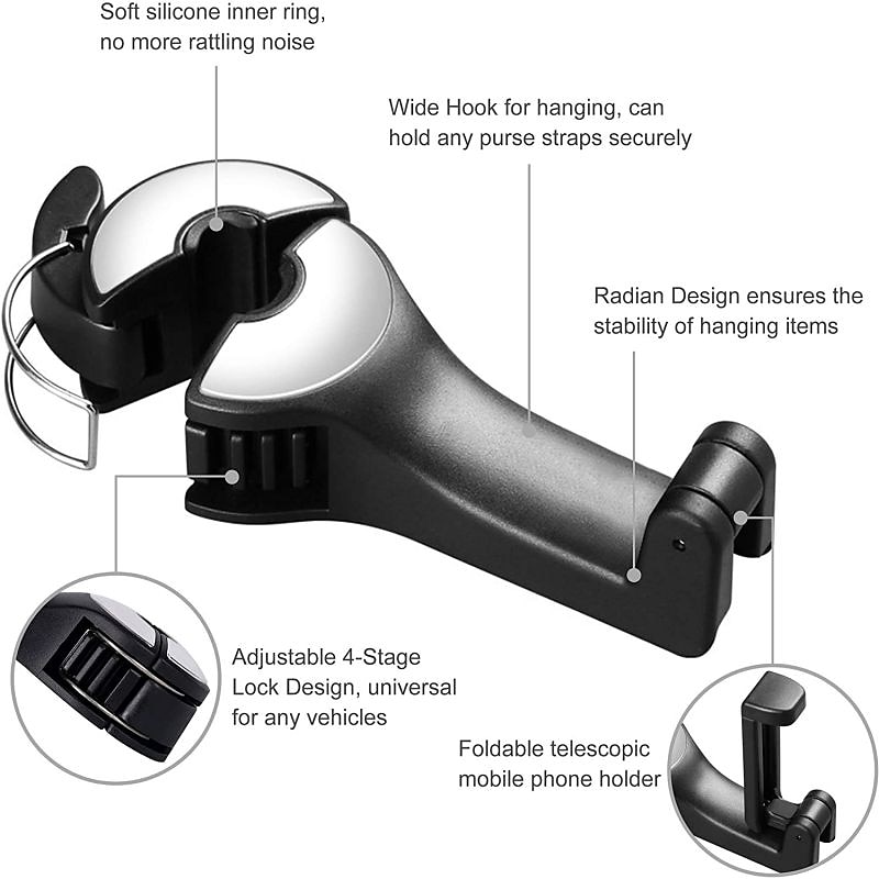 2 stuks 2 in 1 autostoel haken voor portemonnees en tassen met telefoonhouder automatische hoofdsteun portemonnee handtas houder hangers organisatoren valweerstand rust en universele pasvorm 2025 - $14.99 –P8
