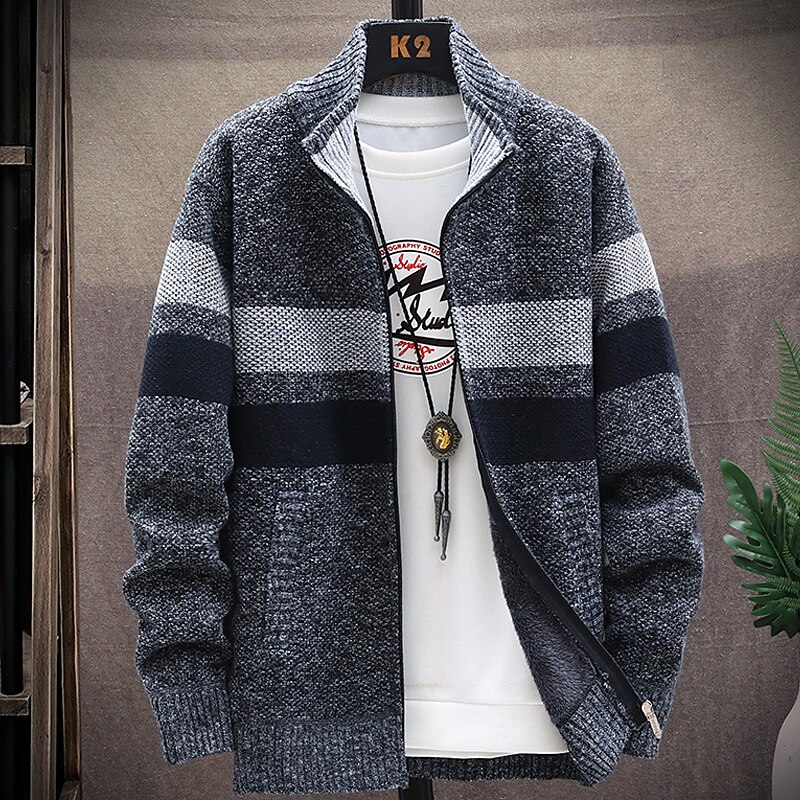 Per uomo Felpa Cardigan Maglione con zip Giacca maglione Maglione in pile Maglia Lavorato a maglia Color Block Colletto alla coreana Moda Esterno Interni Abbigliamento Inverno Autunno Blu Grigio scuro del 2025 a $25.99 –P7