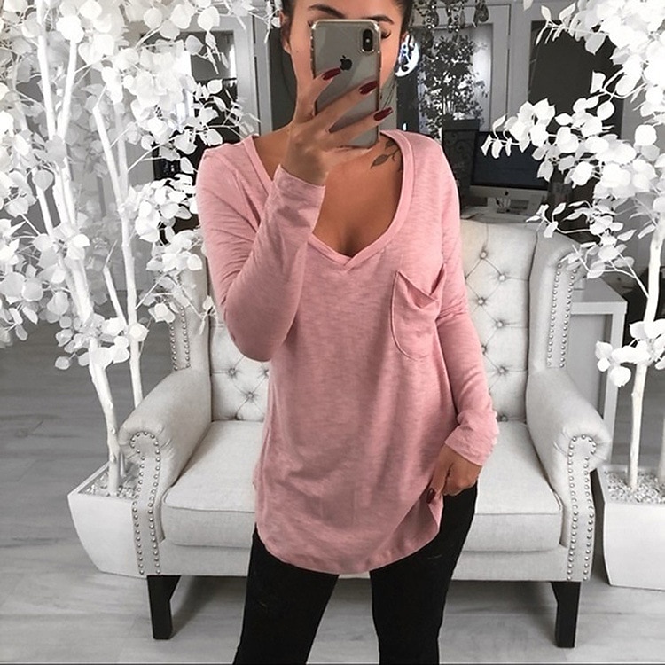 Damen T Shirt Tunika Schwarz Weiß Rosa Einfarbig Tasche Langarm Casual Täglich Basic V Ausschnitt Standard Lockere Passform S 2025 - $19.99 –P9